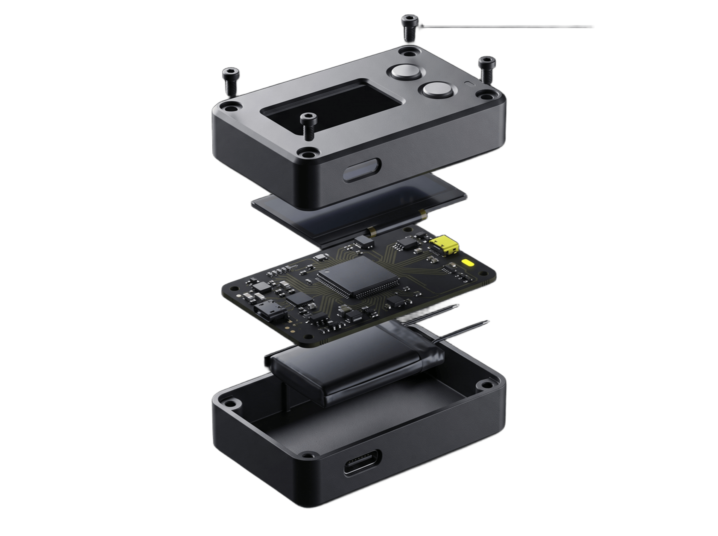 Exploded view of the SparkBit hardware wallet showing its housing, display, circuit board and battery.
